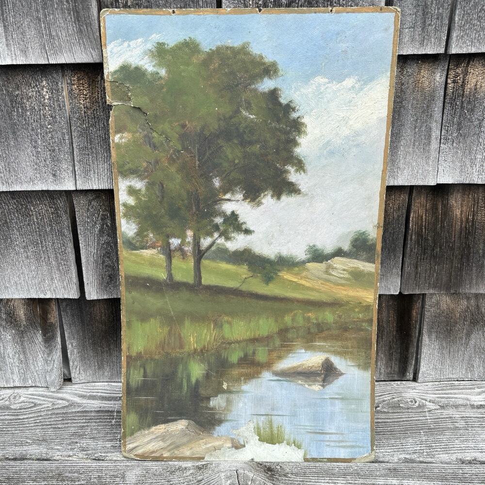 Antique Oil Painting Landscape Pond Trees 11x17 Artist Board Distressed